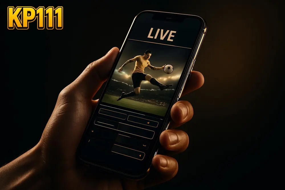 KP111 app โ a hand holding a phone with a live sports betting screen KP111 app โ a hand holding a phone with a live sports betting screen