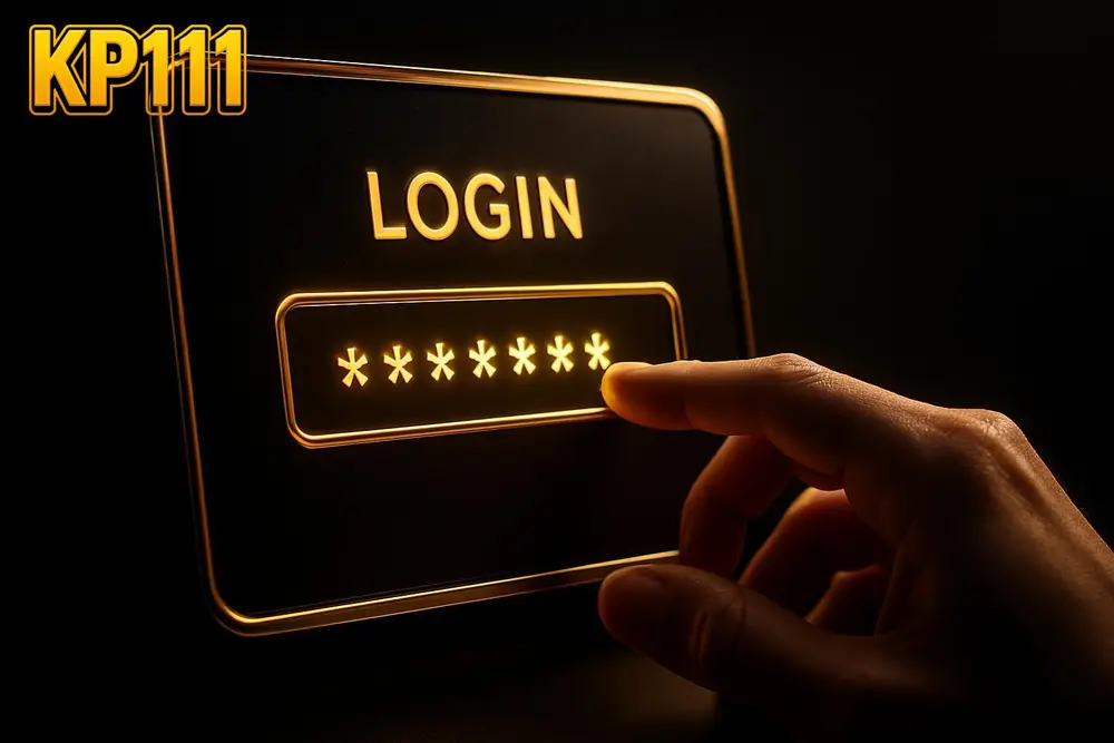 KP111 login โ a hand typing a password on a glowing golden login screen KP111 login โ a hand typing a password on a glowing golden login screen